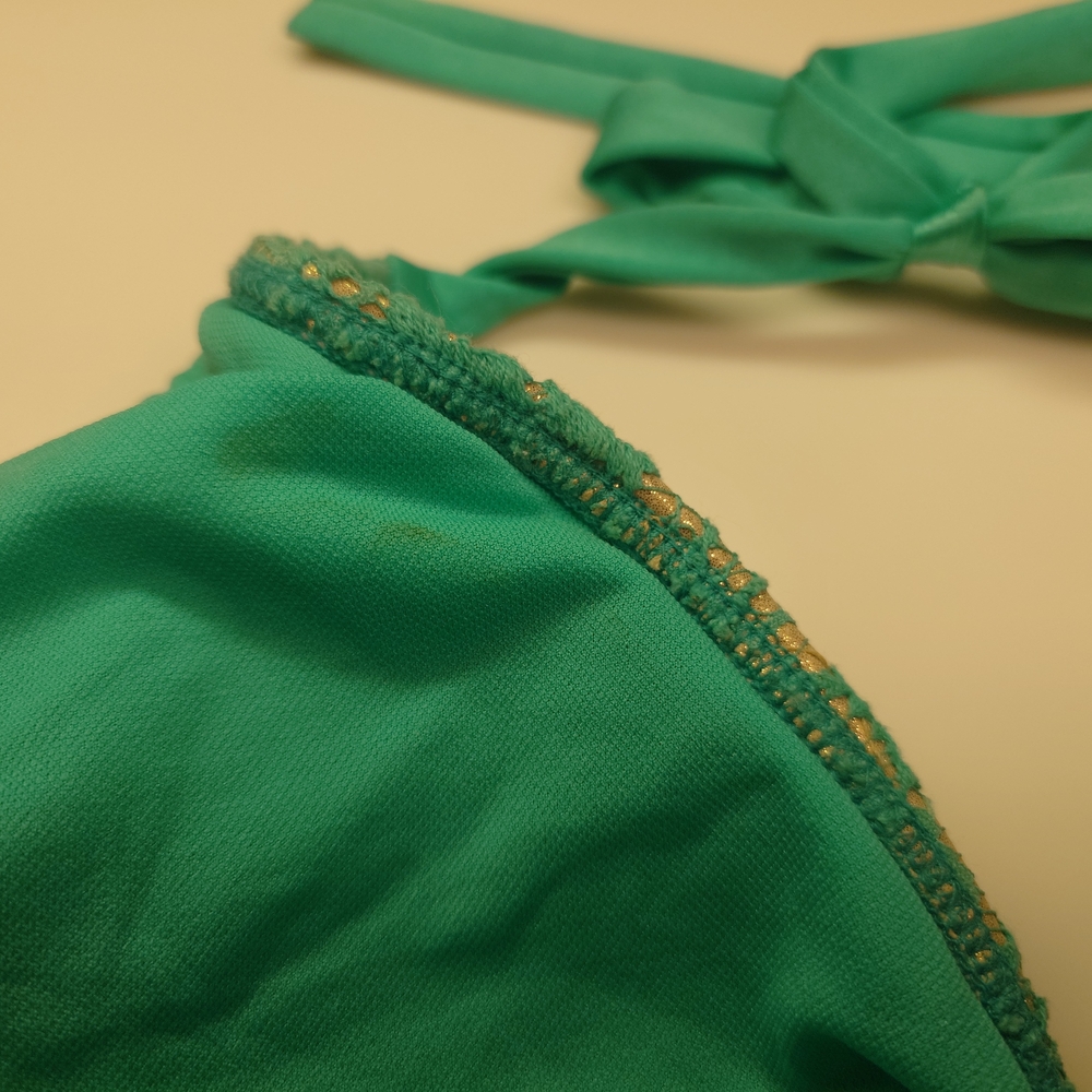 Flaw NWT Gold & Green LULI FAMA Crochet Halter Top DD Tie-Side Bikini SwimSuit M - Picture 15 of 15
